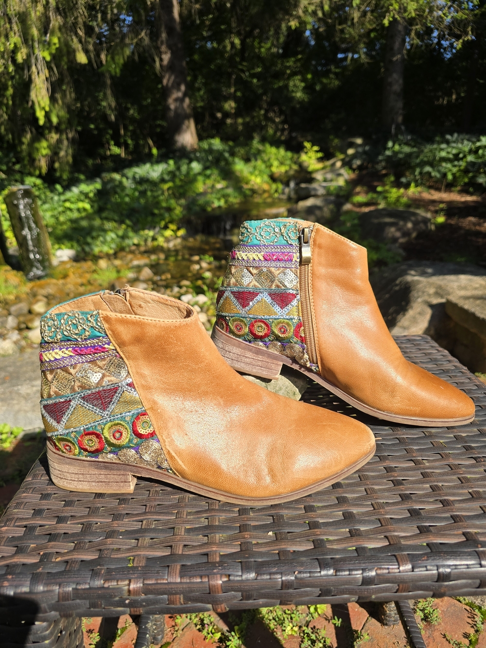Antelope Tan Leather Ankle Booties with Embroidered Sequins Boho Country Unique